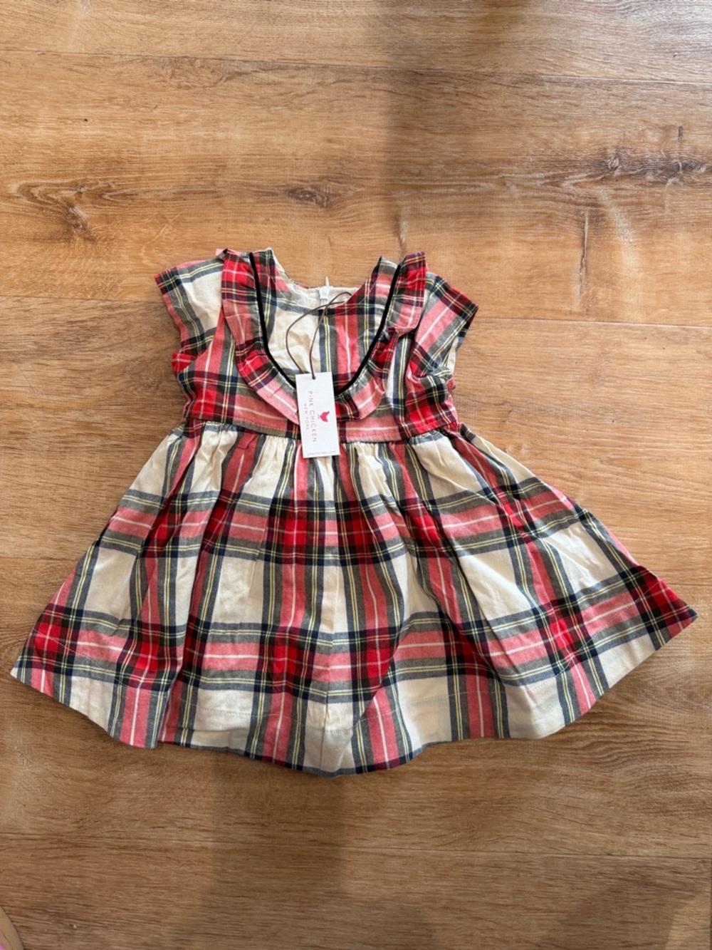 Pink Chicken Red and Cream Plaid Cotton Dress with Navy Trim